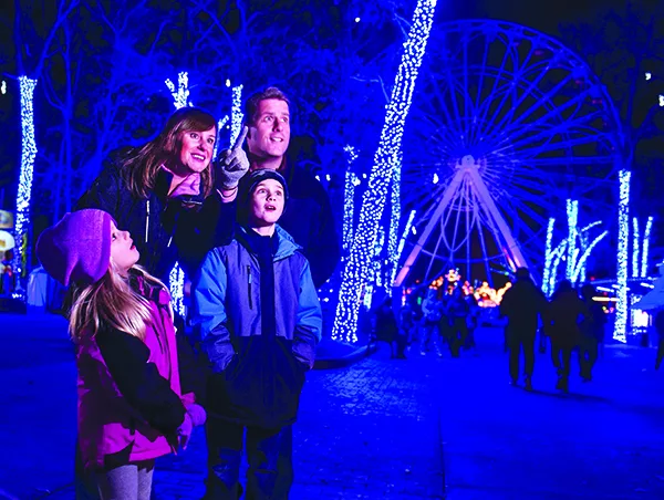 family of four looks at Christmas lights